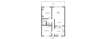 A floor plan of a house with a living room, dining room, kitchen, and two bedrooms.