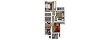 A floor plan of a house with a kitchen, living room, and bedrooms.