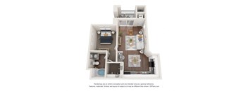 a stylized 3d floor plan with a bedroom and a living room