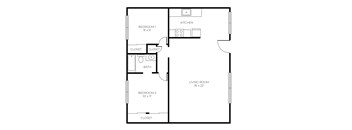 A floor plan of a small apartment with two bedrooms, a living room, a kitchen, and a bathroom.
