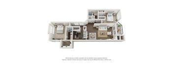 A 3D floor plan of a house with a kitchen, living room, and bedrooms.