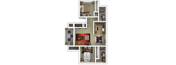 A 3D floor plan of a house showing the layout of the rooms.