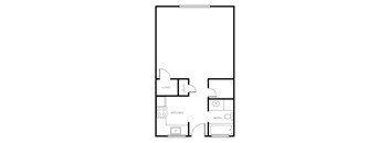 A floor plan of a room with a kitchen, bath, and closet.