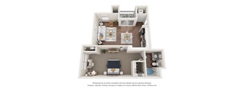 a stylized floor plan of a 1 bedroom192 sq ft house