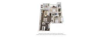A 3D floor plan of a house with a living room, kitchen, dining room, and two bedrooms.