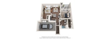 a stylized 3d floor plan with a bedroom and living room