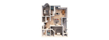 a 3d rendering of a furnished apartment with a bedroom and a living room