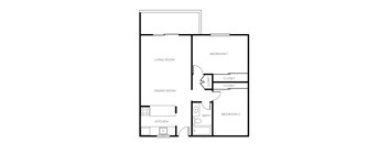 A floor plan of a small apartment with a living room, dining room, kitchen, and two bedrooms.