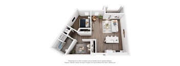 a 3d rendering of a floor plan with a bedroom and living room