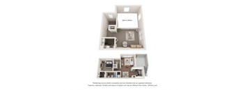 a stylized 3d floor plan of a 1 bedroom apartment