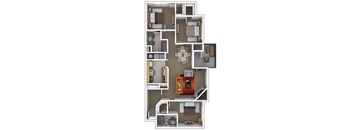 A floor plan of a house with a kitchen, living room, dining room, and bedrooms.