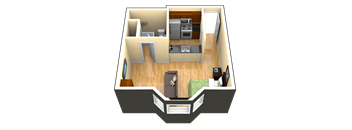 A 3D image of a small apartment with a kitchen, living room, and bedroom.