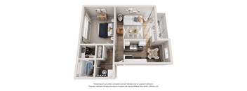 A 3D floor plan of a small apartment with a kitchen, living room, and bedroom.
