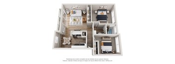 A 3D floor plan of a small apartment with a living room, kitchen, and bedroom.