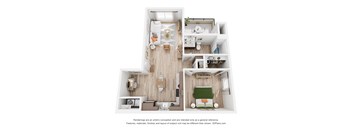 A 3D floor plan of a house with a kitchen, living room, and bedrooms.