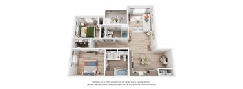 A 3D floor plan of a small apartment with a kitchen, living room, and bedrooms.