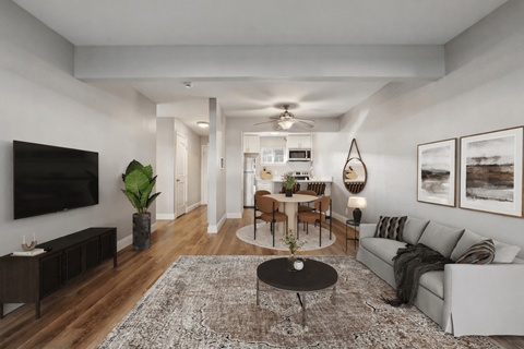 A modern living room with a grey sofa, a coffee table, and a television.