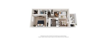 a stylized floor plan with a bedroom and a living room