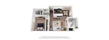 a stylized floor plan with a bedroom and a living room