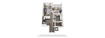 A 3D floor plan of a house with a kitchen, living room, and two bedrooms.
