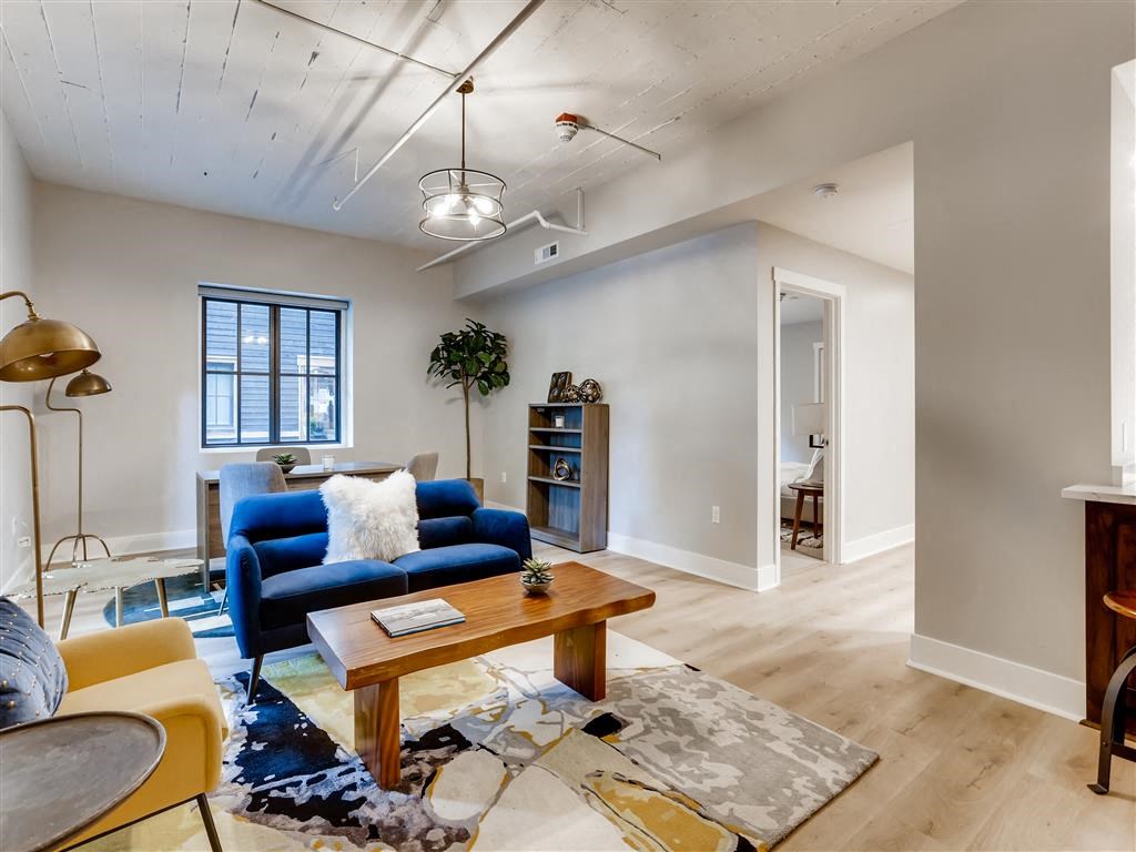 a living room with a couch and a coffee table
