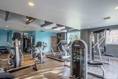 a gym with cardio machines and other exercise equipment in a building with blue walls