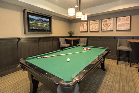 A pool table with a green cloth and a white ball in the middle.
