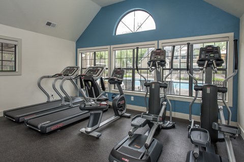 A gym with treadmills and elliptical machines.