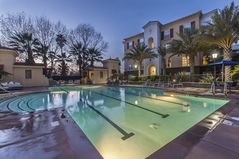 a large swimming pool with palm trees and apartments in the background