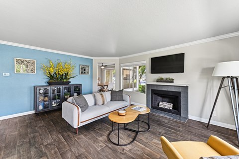 A living room with a grey sofa and a coffee table.