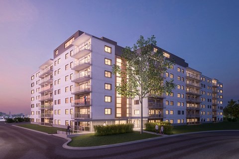 A modern apartment building with a tree in front of it.