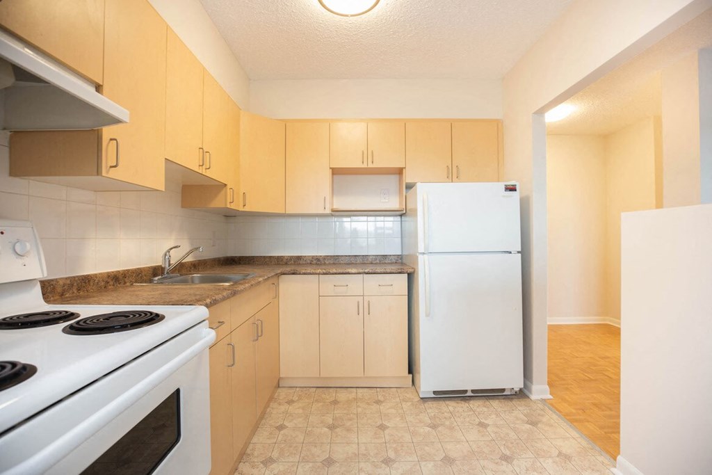 a kitchen with a stove and a refrigerator