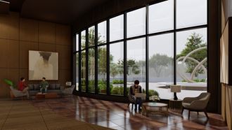 a rendering of a lobby with people sitting on couches and chairs and a large window with