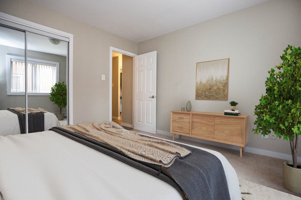 a bedroom with a bed and a closet