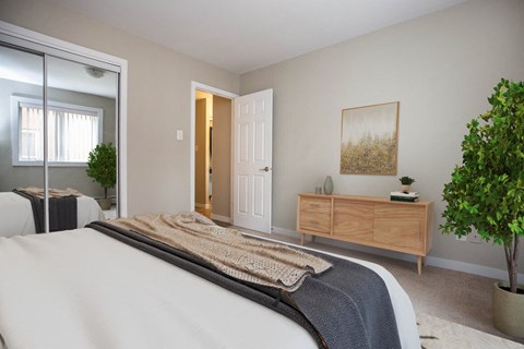 a bedroom with a bed and a closet