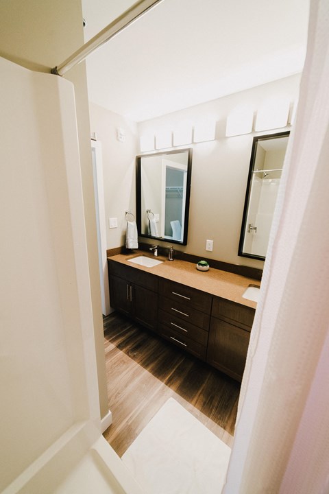 the view of a bathroom with a sink and a mirror