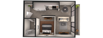 a top down view of a room with a bedroom and a bathroom