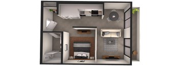A 3D rendered image of a small apartment layout.