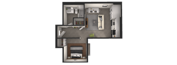 a rendering of a bedroom floor plan with a bed and a bathroom