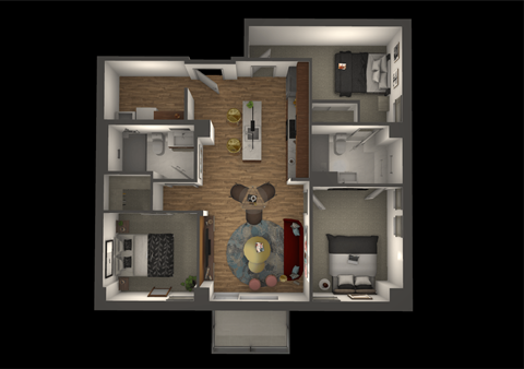 a 3d floor plan with a mouse in the living room
