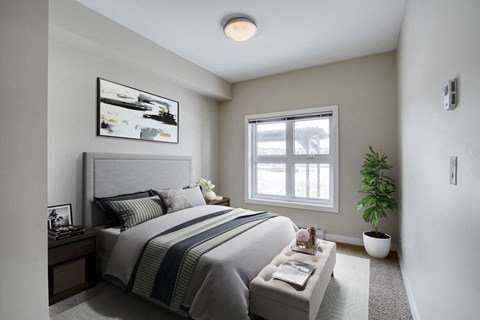 a bedroom with a bed and a window