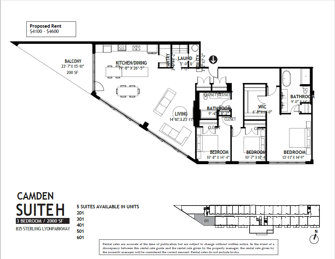 A floor plan for a Camden Suite H shows a kitchen, dining room, living room, and three bedrooms.