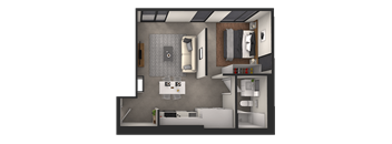 a 3d rendering of a bedroom with a bathroom and a living room