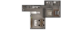 A floor plan of a small apartment with a kitchen, living room, and bathroom.