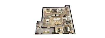 A floor plan of a house with a living room, dining room, kitchen, and two bedrooms.