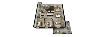 A colored floor plan of a house with a kitchen, living room, and bathroom.