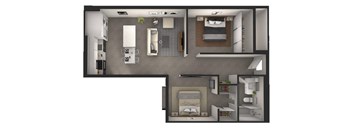 A floor plan of a small apartment with a kitchen, living room, and bedroom.