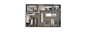a rendering of a 1 bedroom floor plan with a bathroom and a living room