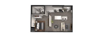 A top-down view of a modern apartment layout with a kitchen, living room, and bedroom.