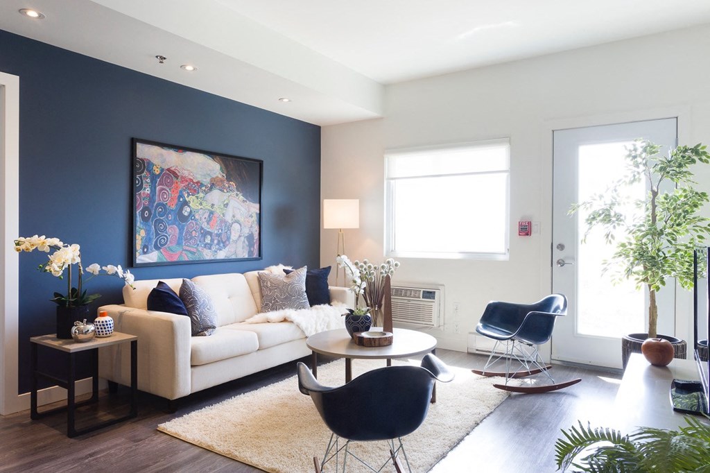 a living room with a white couch and a blue accent wall